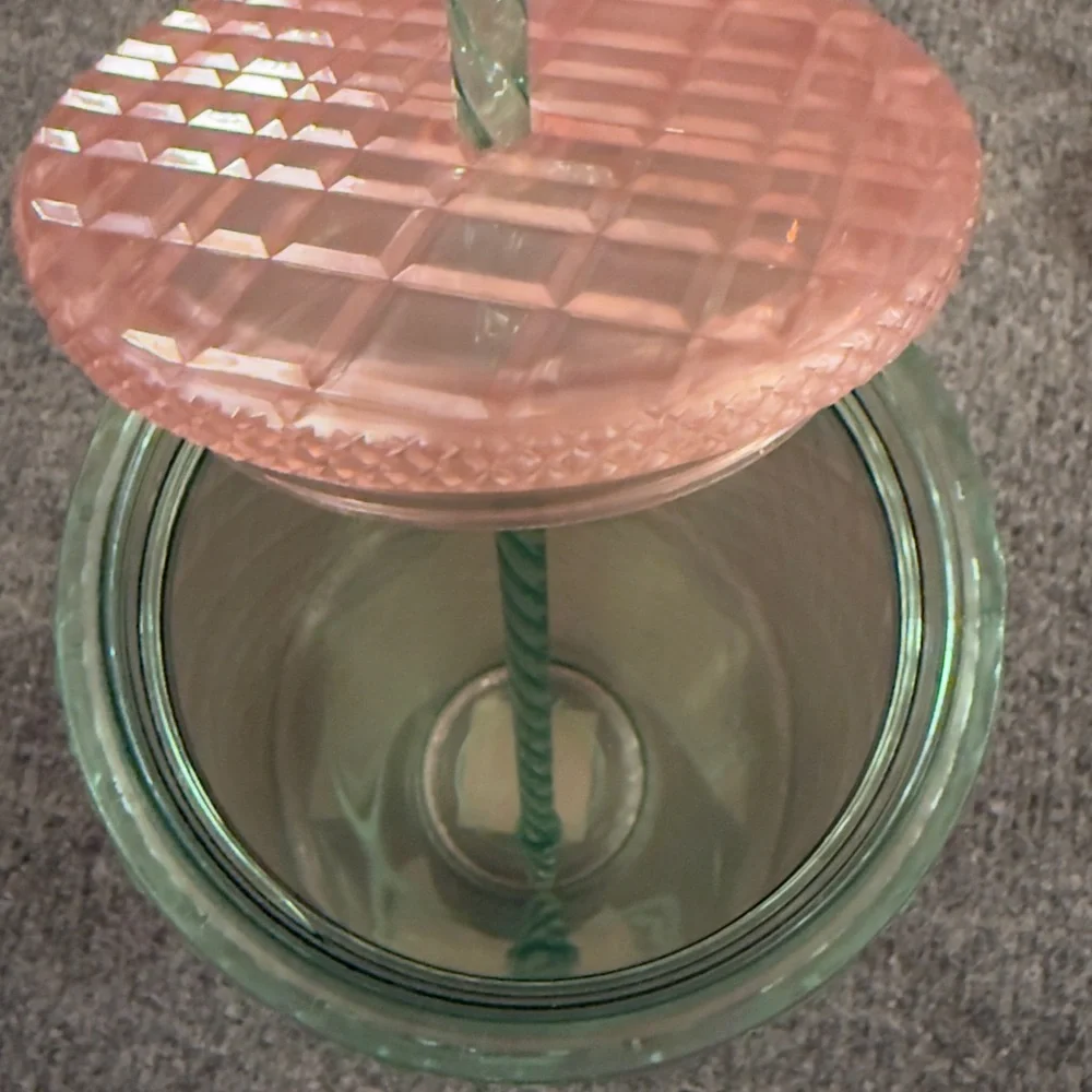 Starbucks 24oz Iridescent Pink & Green Diamond Texture Tumbler Cup Green Straw